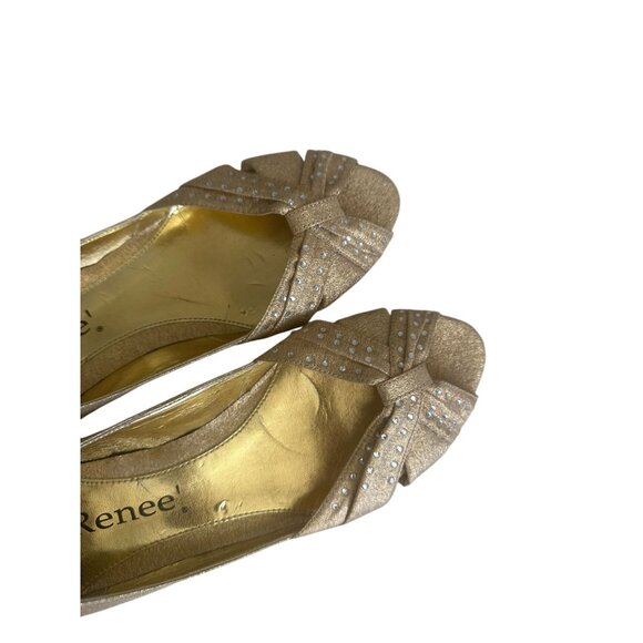 J RENEE Gold Fabric Metallic Kitten Heel Wedges Size 8 - Picture 2 of 8